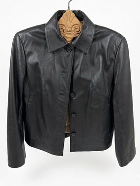 Classic Black Leather Button-Front Jacket - Women